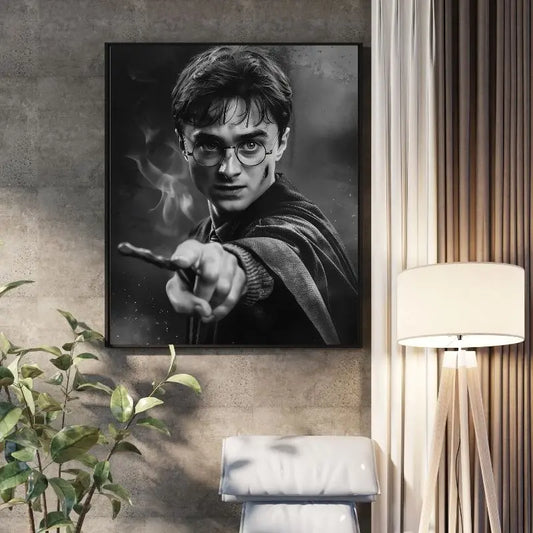 Tableau en noir et blanc représentant Poudlard de Harry Potter, scène magique et emblématique pour décoration murale