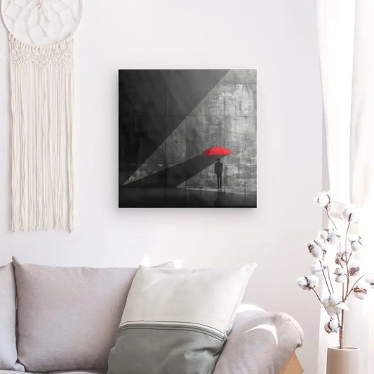 Tableau noir et blanc d’un homme avec un parapluie rouge, scène urbaine au contraste visuel fort et symbolique