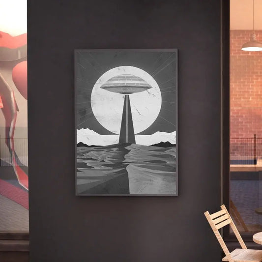 Illustration en noir et blanc d’une soucoupe volante, tableau original et intrigant pour décoration murale