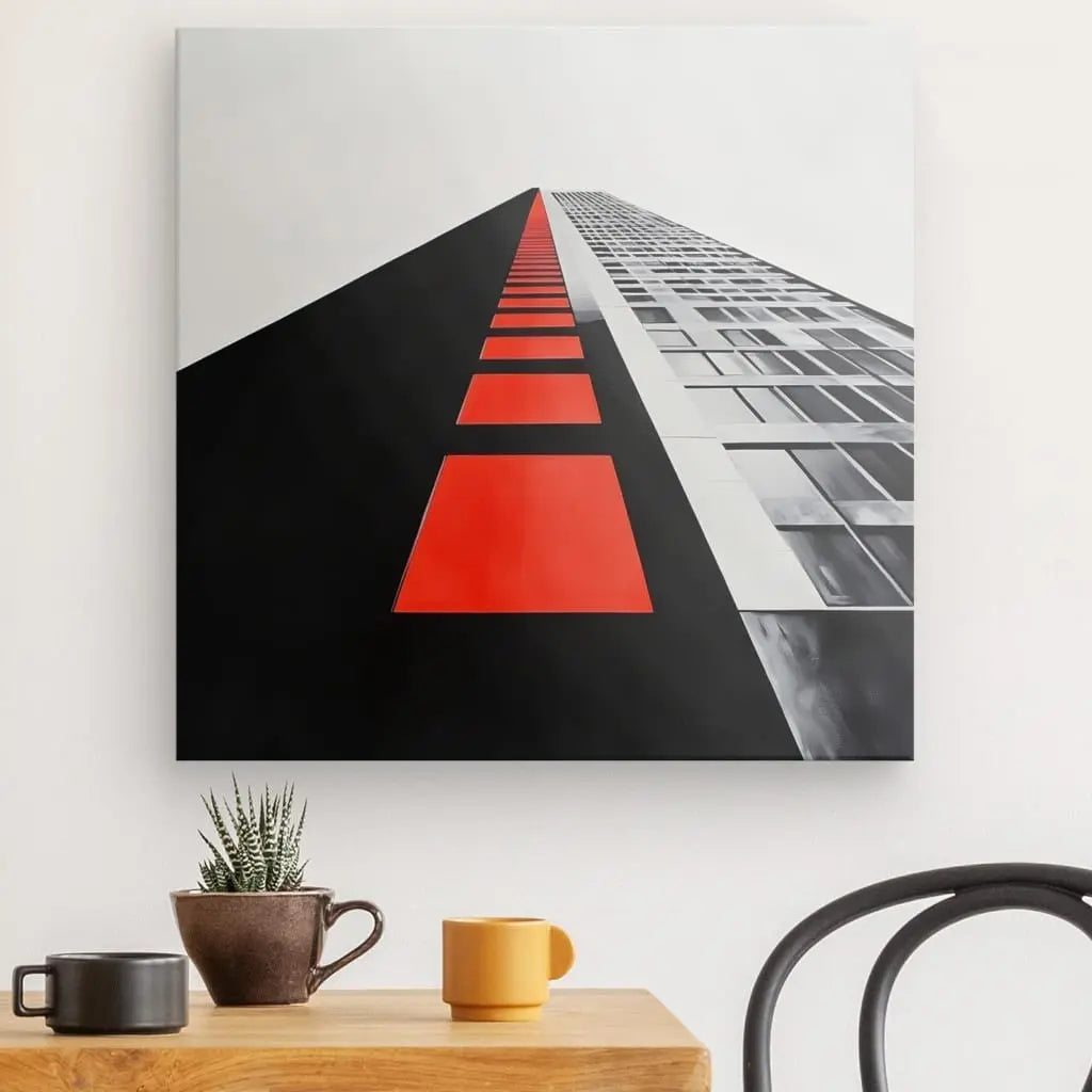 Tableau d’un immeuble au style rétro en noir, blanc et orange, design urbain contrasté pour décoration murale vintage et moderne
