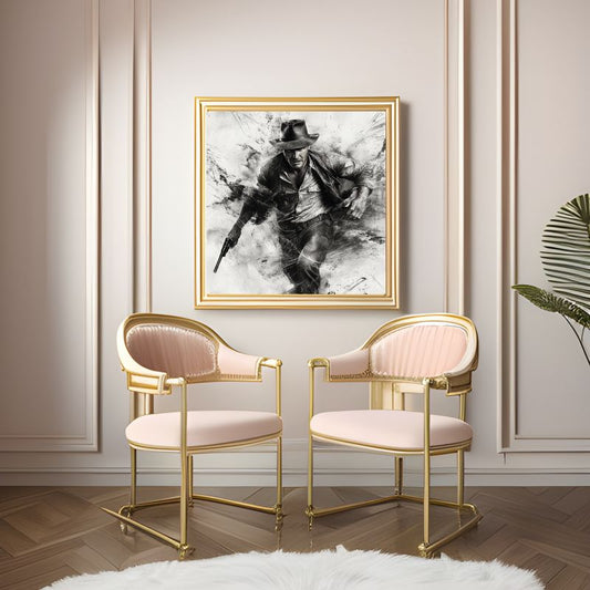 Dessin réaliste en noir et blanc d’Indiana Jones, portrait détaillé pour décoration murale cinéphile