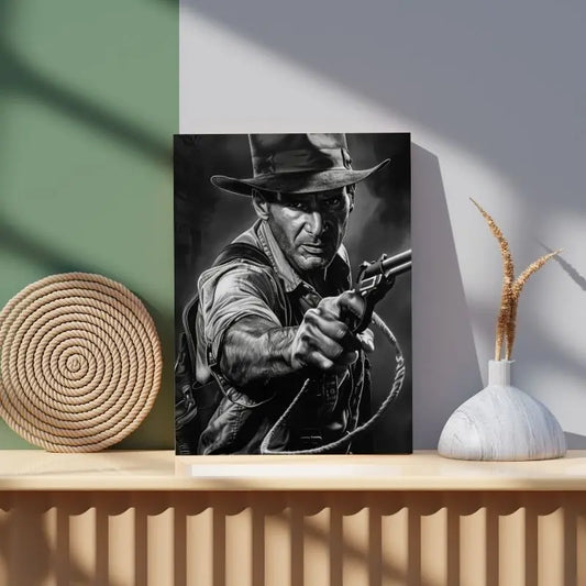 Tableau en noir et blanc d’Indiana Jones, portrait iconique et aventurier pour décoration murale