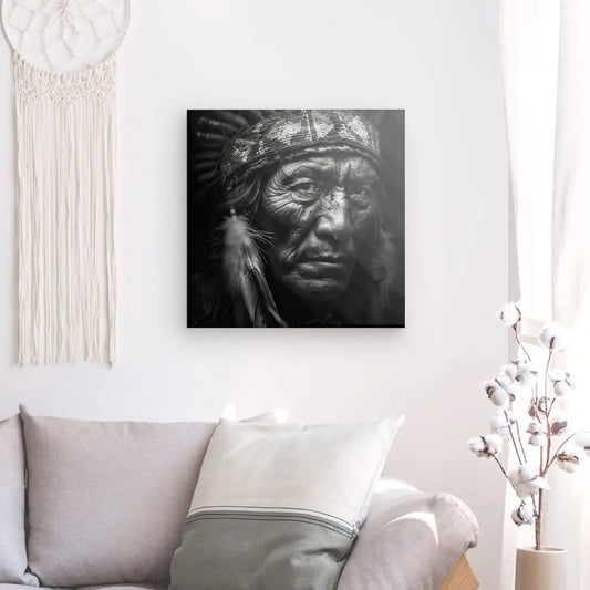 Tableau noir et blanc d’un Indien d’Amérique portant une coiffe à plumes, image culturelle forte et traditionnelle