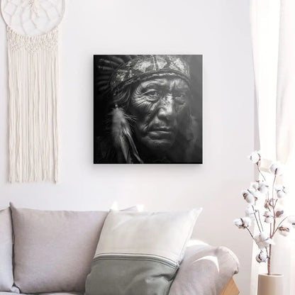 Tableau noir et blanc d’un Indien d’Amérique portant une coiffe à plumes, image culturelle forte et traditionnelle
