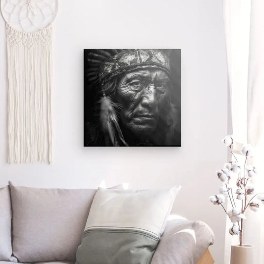 Tableau noir et blanc d’un Indien d’Amérique portant une coiffe à plumes, image culturelle forte et traditionnelle