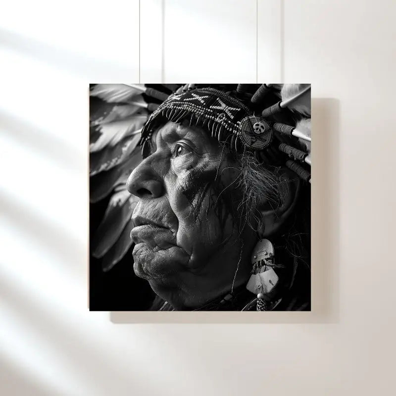 Tableau noir et blanc de Géronimo, chef apache emblématique, portrait historique et symbolique