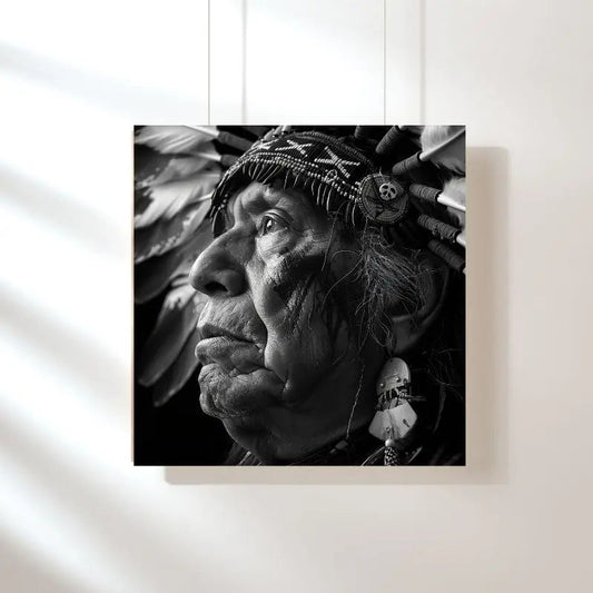 Tableau noir et blanc de Géronimo, chef apache emblématique, portrait historique et symbolique