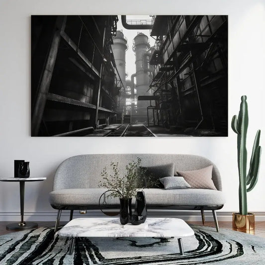 Tableau noir et blanc d’une usine au style industriel vintage, ambiance rétro et architecturale