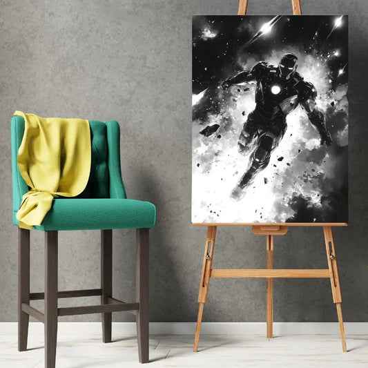 Tableau en noir et blanc d’Iron Man, portrait stylisé au design moderne pour décoration murale de fan de super-héros
