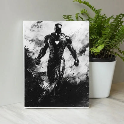 Peinture en noir et blanc d’Iron Man, tableau graphique et moderne pour une décoration murale de fan de super-héros
