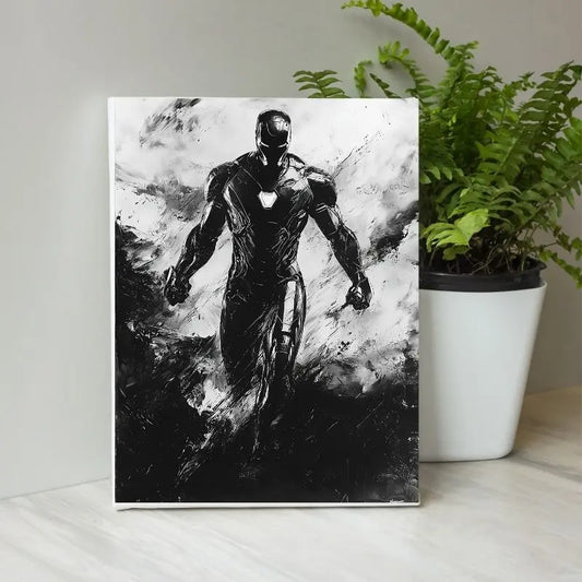 Peinture en noir et blanc d’Iron Man, tableau graphique et moderne pour une décoration murale de fan de super-héros
