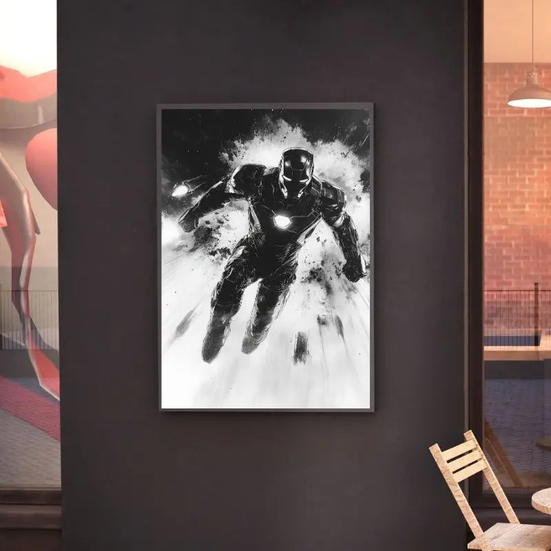 Portrait en noir et blanc d’Iron Man, tableau stylisé au design moderne pour décoration murale de fan de super-héros
