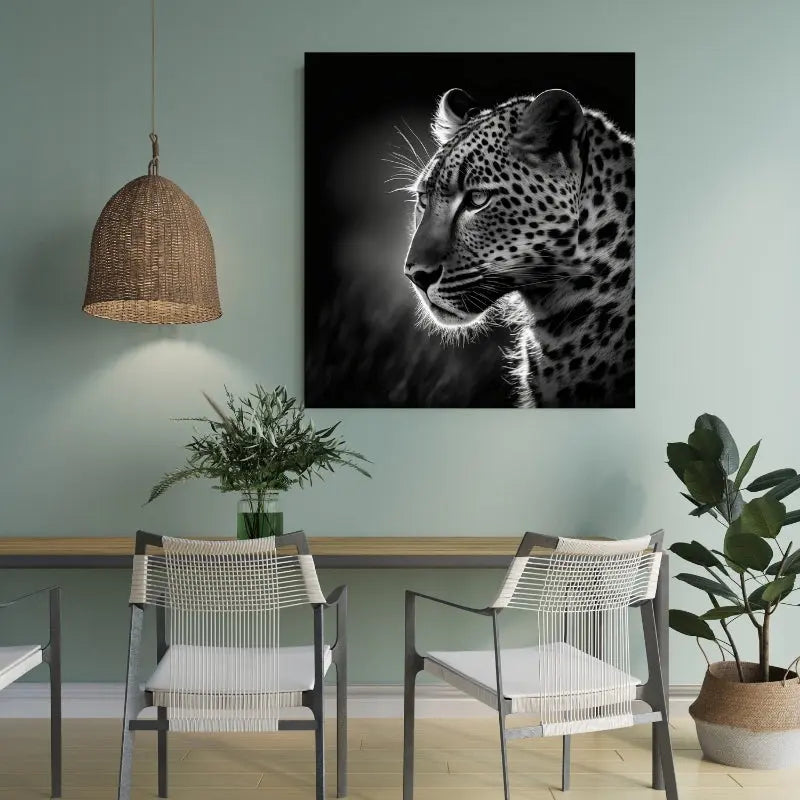 Tableau noir et blanc d’un jaguar ou panthère dans la jungle, représentation puissante de l’animal sauvage