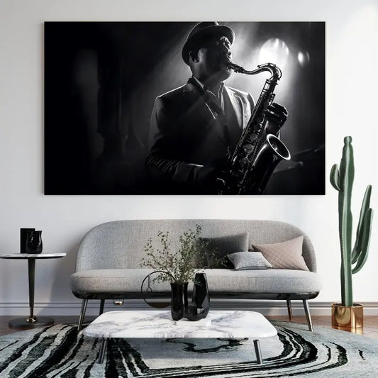 Capturez l’âme du jazz avec cette scène intense en noir et blanc, une ambiance musicale authentique et vibrante pour les passionnés de musique.