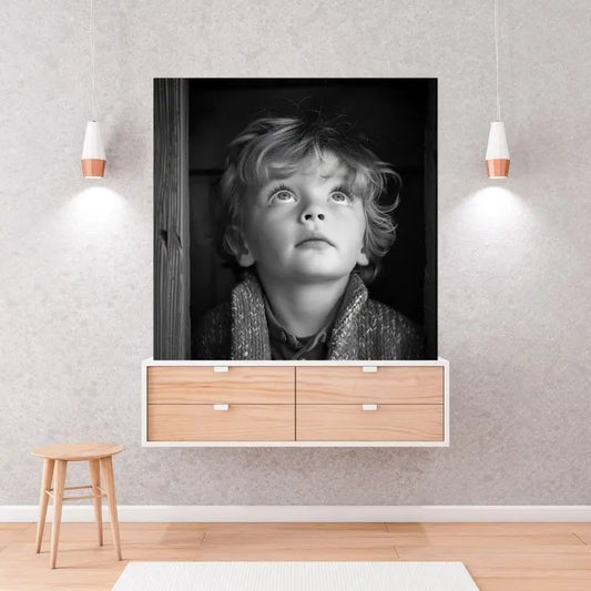 Tableau noir et blanc d’un jeune garçon à la tête blonde, portrait tendre et expressif