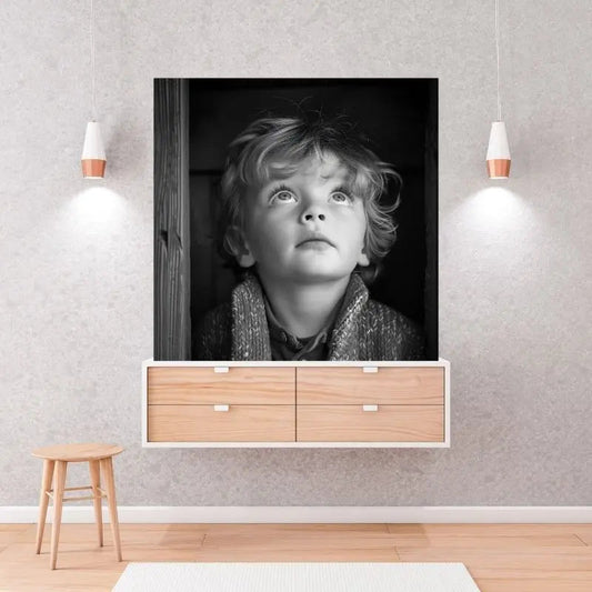 Tableau noir et blanc d’un jeune garçon à la tête blonde, portrait tendre et expressif