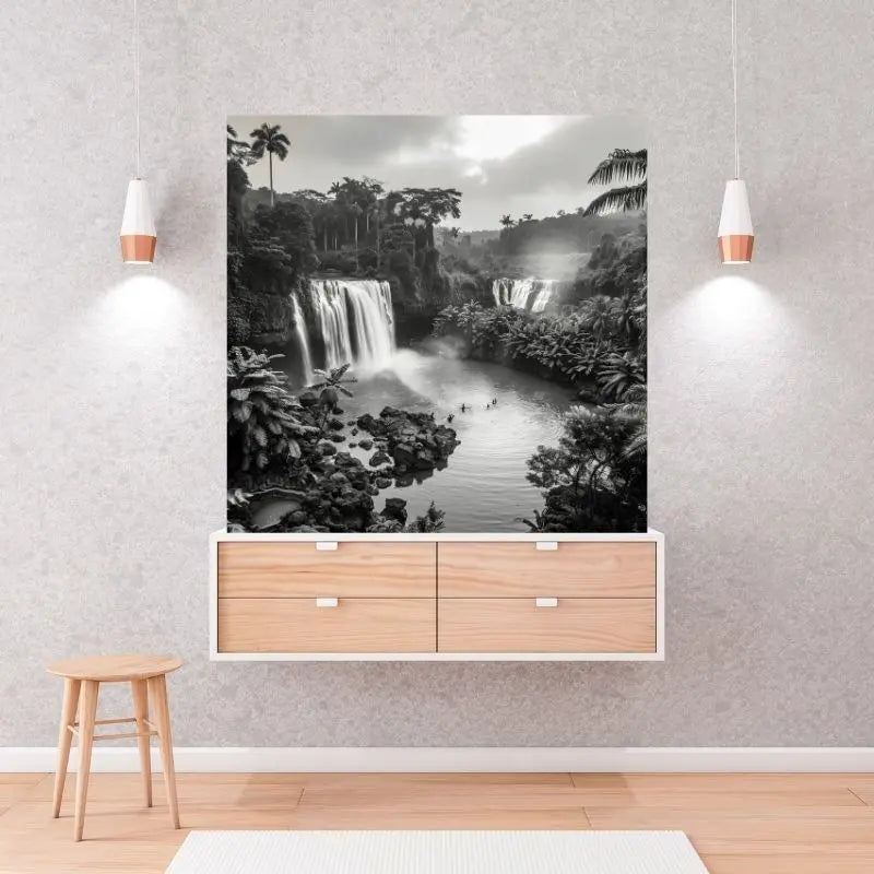 Tableau en noir et blanc d’une scène de baignade exotique dans la jungle, ambiance mystérieuse et tropicale pour décoration murale
