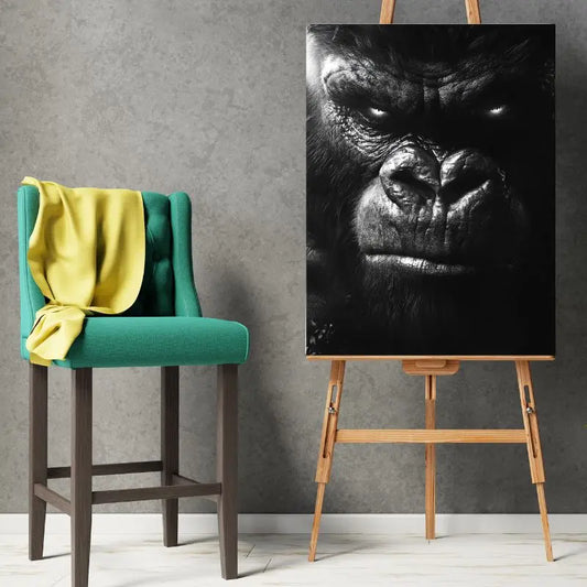Tableau en noir et blanc de King Kong en gros plan, portrait intense au style cinématographique pour décoration murale
