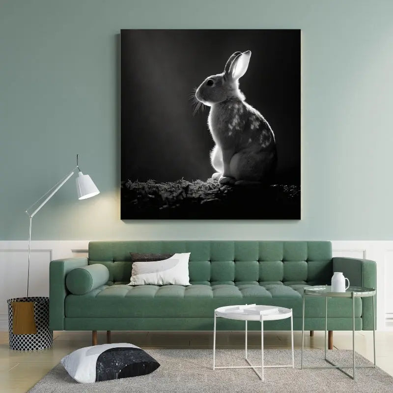 Tableau noir et blanc d’un lapin en pleine nature à la campagne, scène animale douce et champêtre