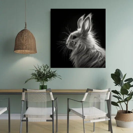 Portrait en noir et blanc d’un lapin lion angora au pelage dense et soyeux, mêlant douceur, originalité et charme irrésistible.