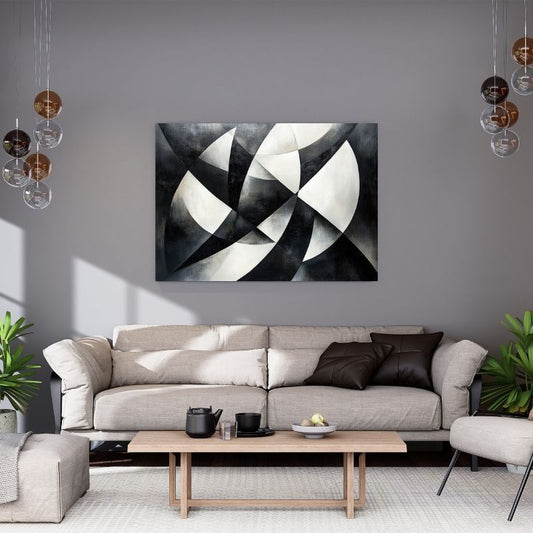 Tableau aux lignes abstraites et formes géométriques monochromes, design artistique moderne et structuré