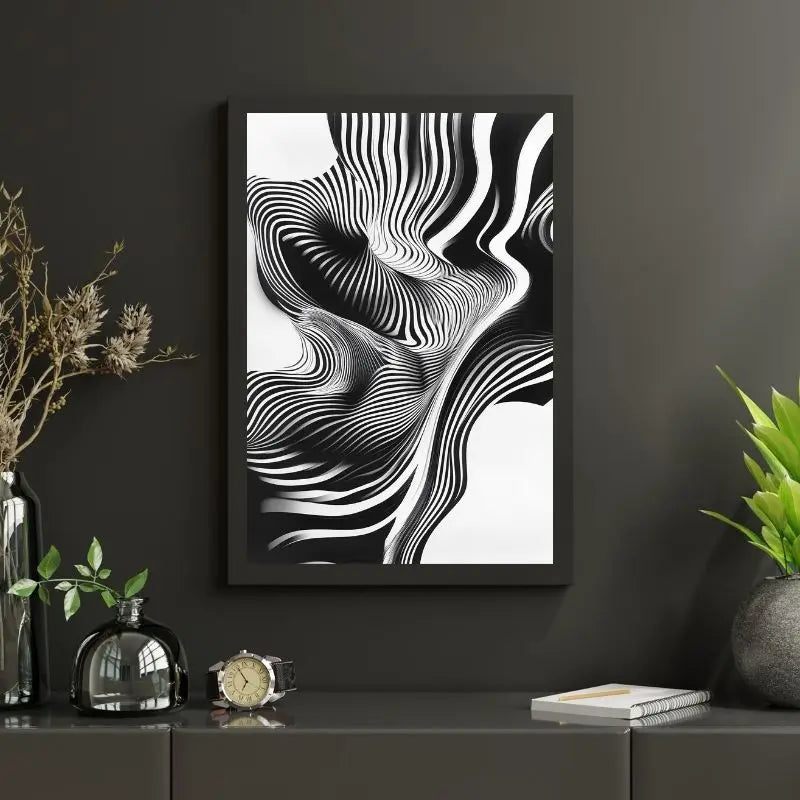 Tableau en noir et blanc avec lignes au style kitch, design graphique et original pour décoration murale audacieuse
