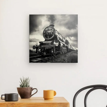 Tableau noir et blanc d’une locomotive à vapeur, style ancien et atmosphère industrielle