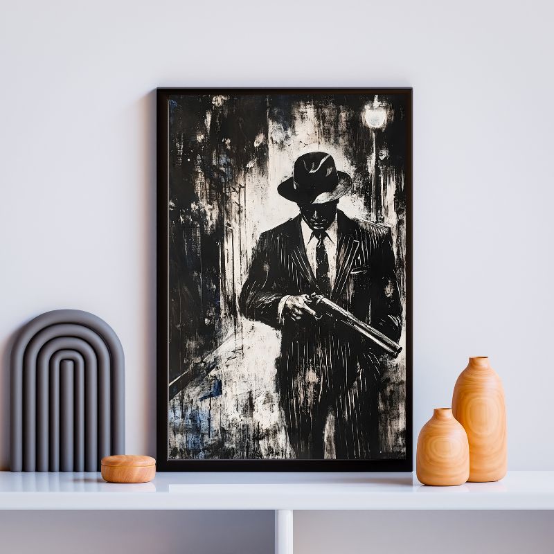 Peinture en noir et blanc représentant une scène de mafia ou gangster, tableau au style rétro et cinématographique pour décoration murale
