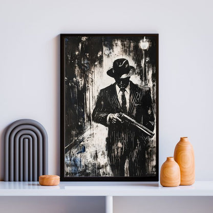 Peinture en noir et blanc représentant une scène de mafia ou gangster, tableau au style rétro et cinématographique pour décoration murale
