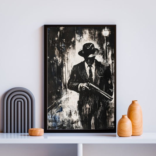 Peinture en noir et blanc représentant une scène de mafia ou gangster, tableau au style rétro et cinématographique pour décoration murale
