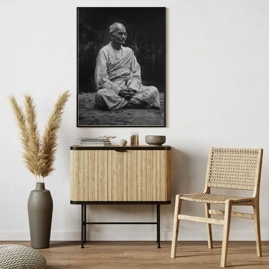 Portrait noir et blanc de Mahatma Gandhi en tableau, style épuré et inspirant
