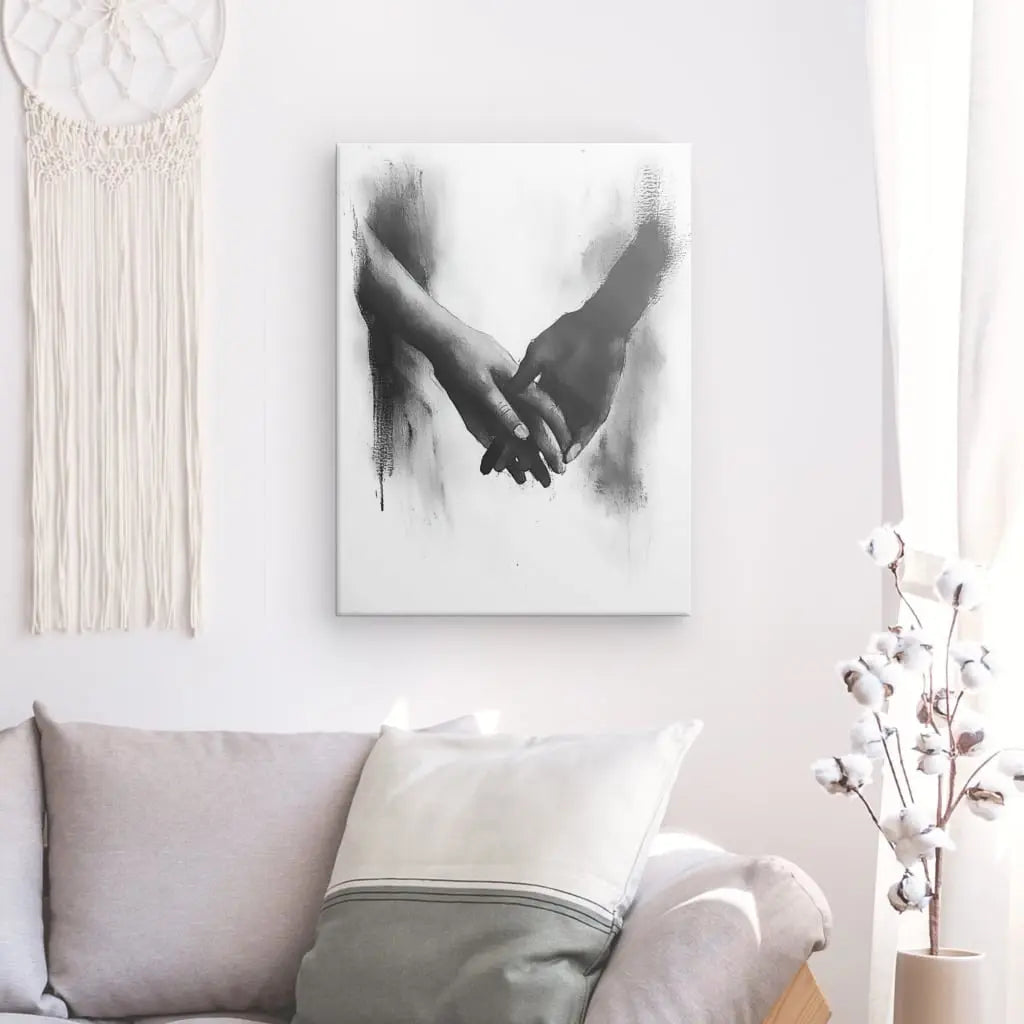 Tableau en noir et blanc représentant deux mains liées en signe d’amitié, œuvre symbolique et touchante pour décoration murale






