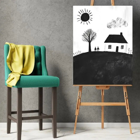 Tableau en noir et blanc représentant une maison dessinée comme par un enfant, œuvre au style naïf et attendrissant pour décoration murale
