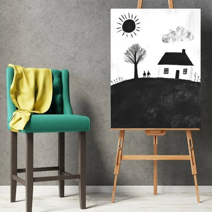 Tableau en noir et blanc représentant une maison dessinée comme par un enfant, œuvre au style naïf et attendrissant pour décoration murale
