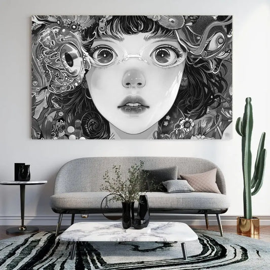 Portrait manga en noir et blanc d’une fille avec lunettes et fleurs, tableau stylisé et original pour décoration murale moderne