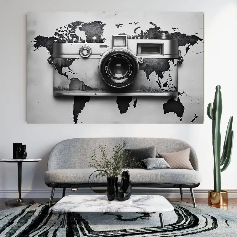 Tableau noir et blanc représentant une mapmonde avec un appareil photo dans un style Instagram, carte artistique de la planète Terre au design moderne