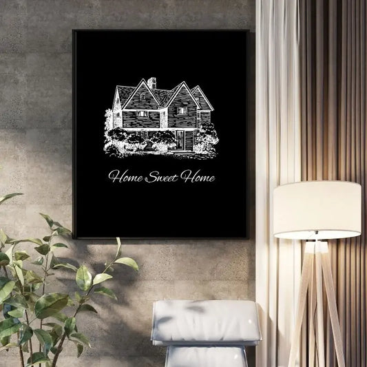 Tableau minimaliste monochrome avec l’inscription "Home Sweet Home", œuvre élégante et chaleureuse pour décoration murale
