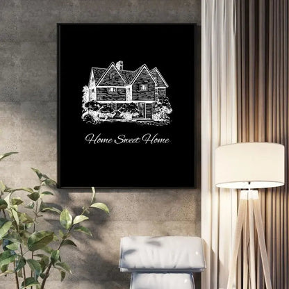 Tableau minimaliste monochrome avec l’inscription "Home Sweet Home", œuvre élégante et chaleureuse pour décoration murale