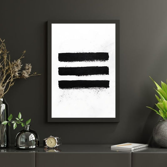 Tableau minimaliste avec traits de peinture noirs sur fond blanc, œuvre abstraite au style épuré et contemporain
