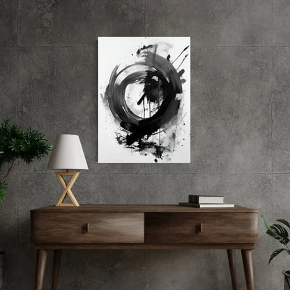 Tableau moderne abstrait en gris, noir et blanc avec des tâches, composition contemporaine texturée et expressive
