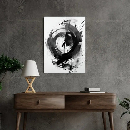 Tableau moderne abstrait en gris, noir et blanc avec des tâches, composition contemporaine texturée et expressive
