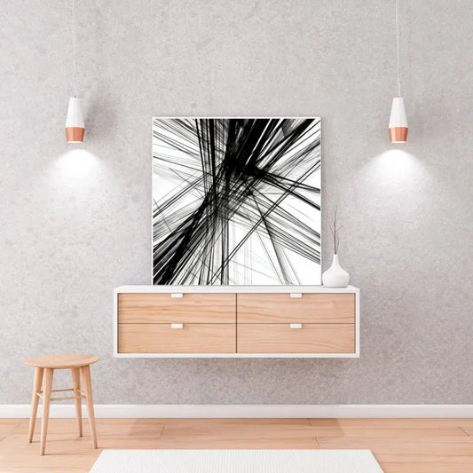 Composition moderne en noir et blanc de lignes abstraites, apportant une touche graphique, épurée et contemporaine à votre intérieur.