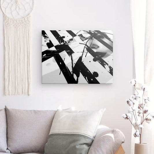 Tableau moderne en patchwork représentant un visage en noir et blanc, œuvre artistique et audacieuse pour décoration murale contemporaine
