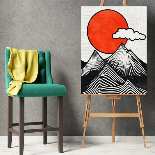 Tableau de montagne en noir et blanc avec coucher de soleil orange, scène paisible et contrastée pour décoration murale
