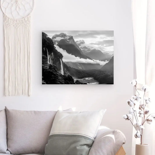 Tableau en noir et blanc de montagnes enveloppées de nuages, scène majestueuse et atmosphérique pour décoration murale
