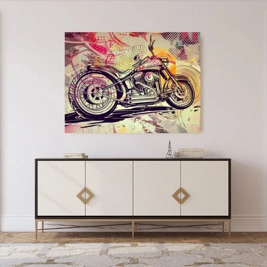 Dessin de moto dans un style pop art, tableau dynamique et original pour décoration murale moderne
