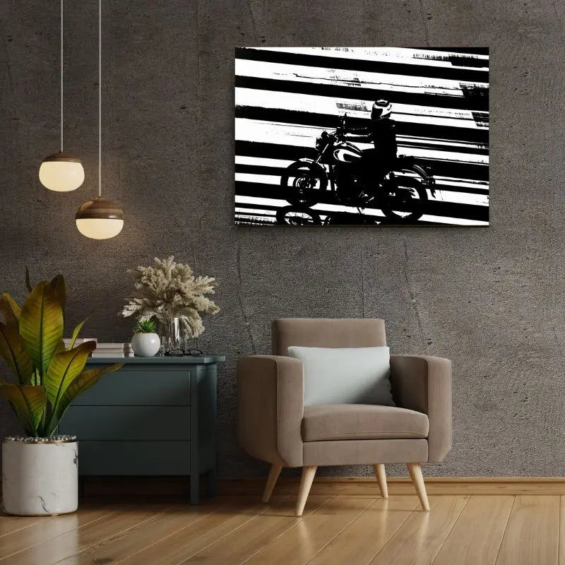 Tableau en noir et blanc d’une moto sur un passage piéton, design graphique et moderne pour décoration murale
