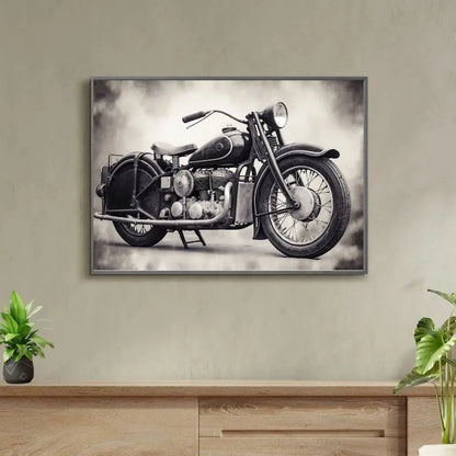 Moto vintage de style Harley en noir et blanc, mettant en valeur son moteur rétro et son design iconique dans une ambiance authentique et brute.