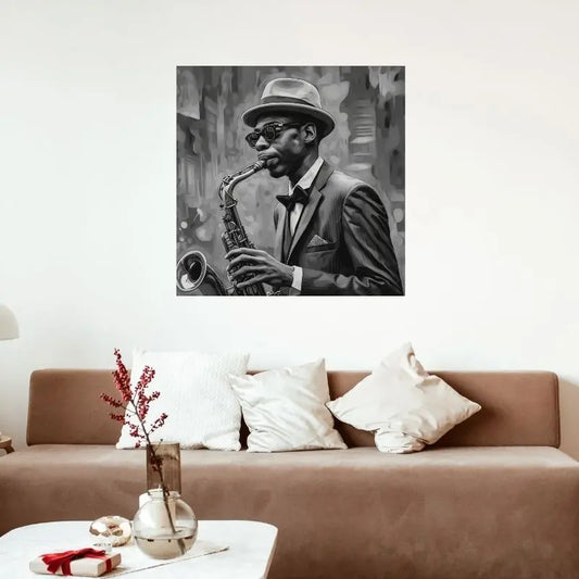 Peinture en noir et blanc d’un musicien jouant du saxophone, capturant l’essence du jazz avec intensité, rythme et ambiance artistique.