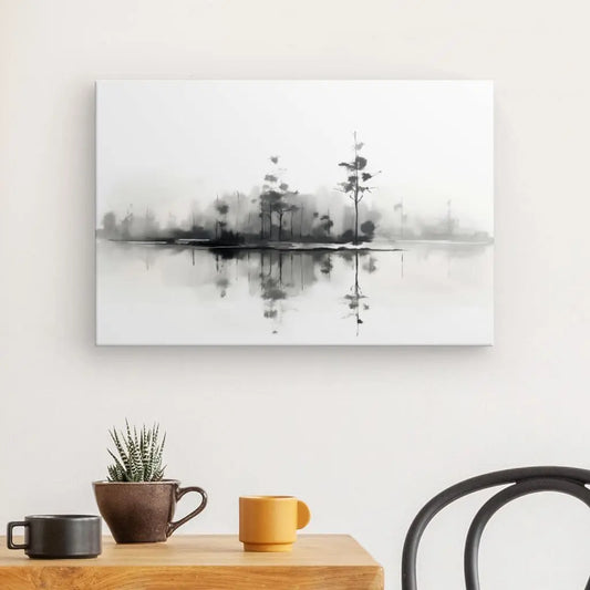 Peinture à l’aquarelle en noir et blanc d’un paysage naturel avec lac, évoquant calme, réflexion et harmonie dans un style délicat et épuré.